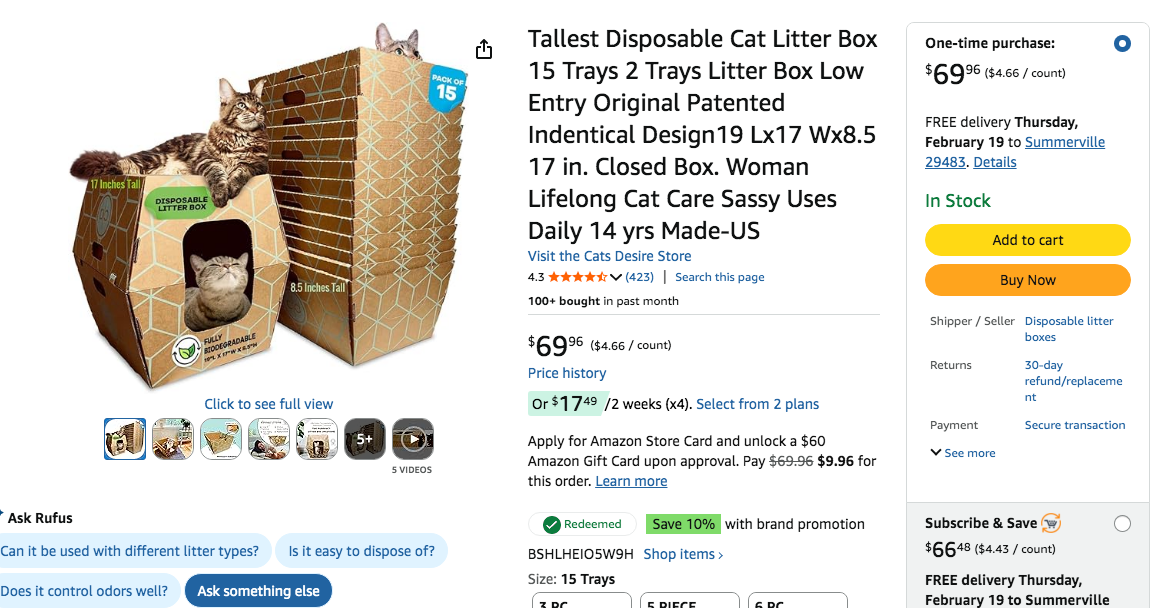 cats desire disposable litter box on amazon