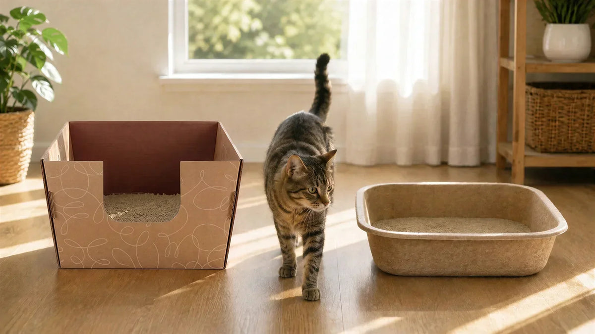 cat in between two different types of disposable litter boxes looking to the right - wondering whether they are worth it
