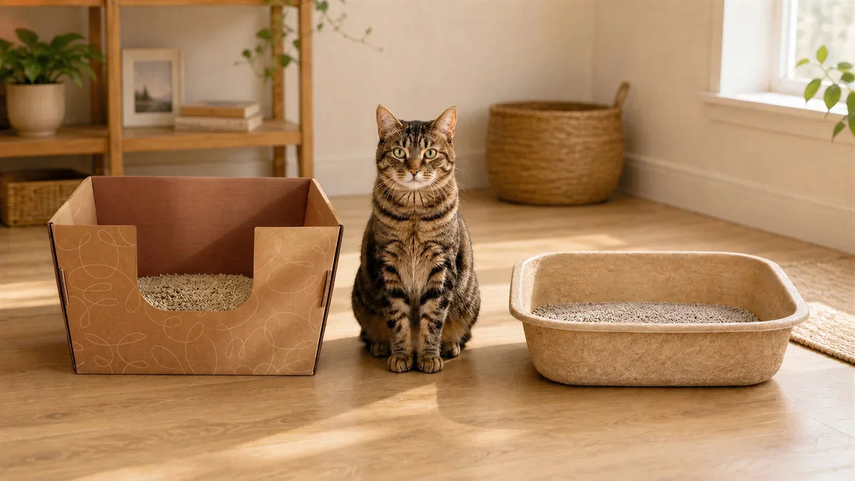 cat staring straight at the camera between two disposable litter boxes deciding which is the best disposable cat litter box