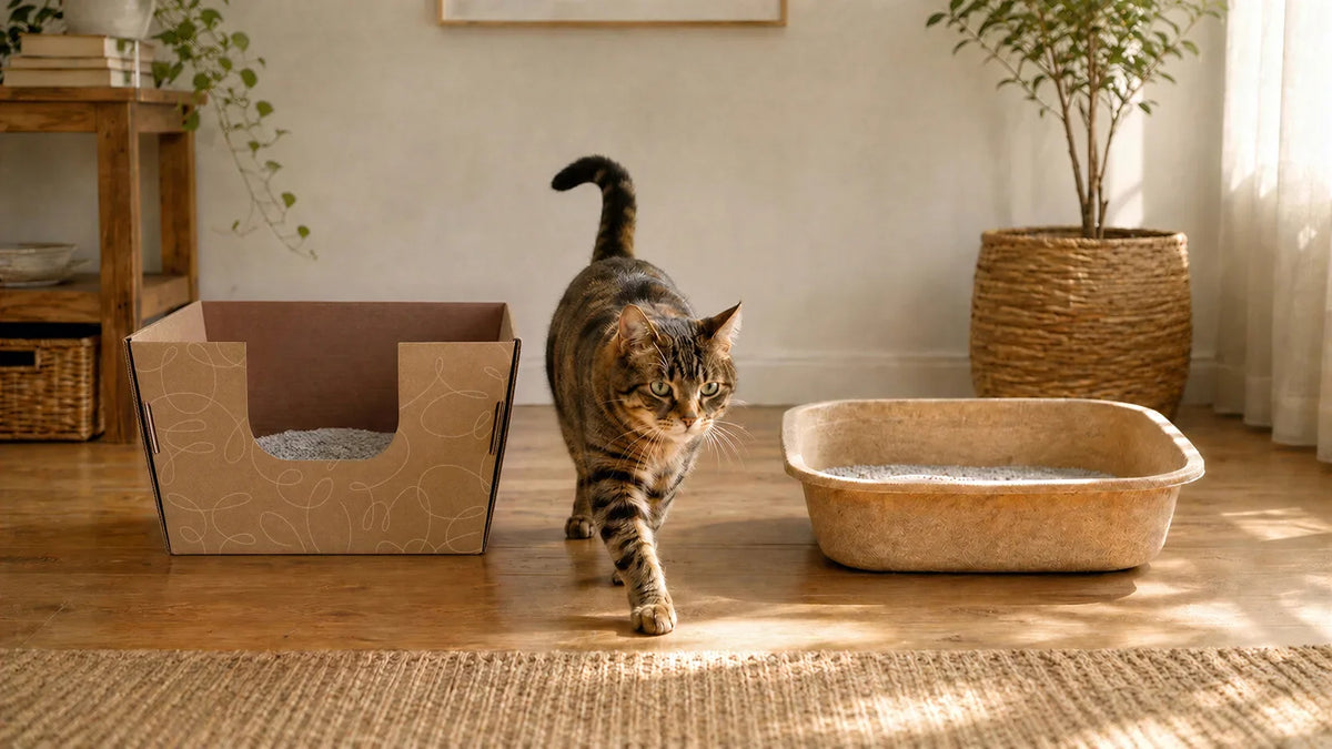 cat walking in between a low disposable litter box and a high sided cardboard kitty litter box