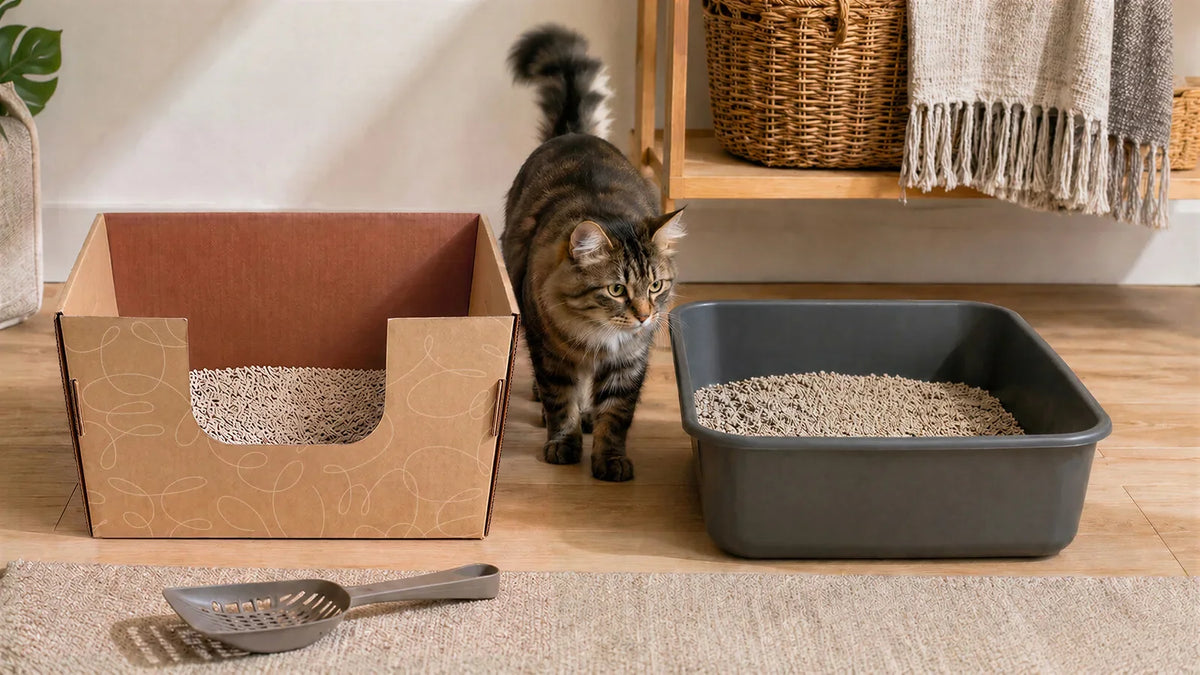 fluffy cat looking at the two different types of cat litter boxes: a leak-proof disposable cardboard litter box vs. a plastic cat litter box