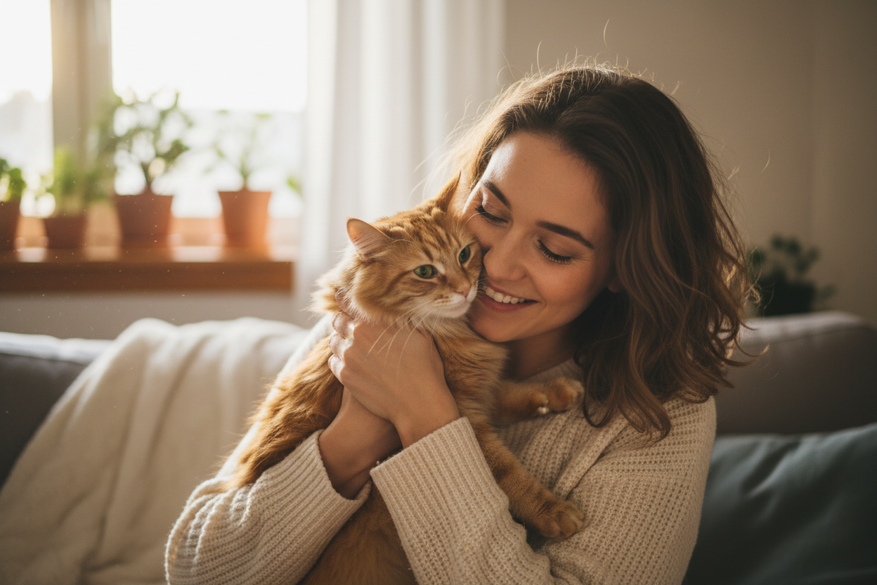 Young woman hugging beautiful kitty.