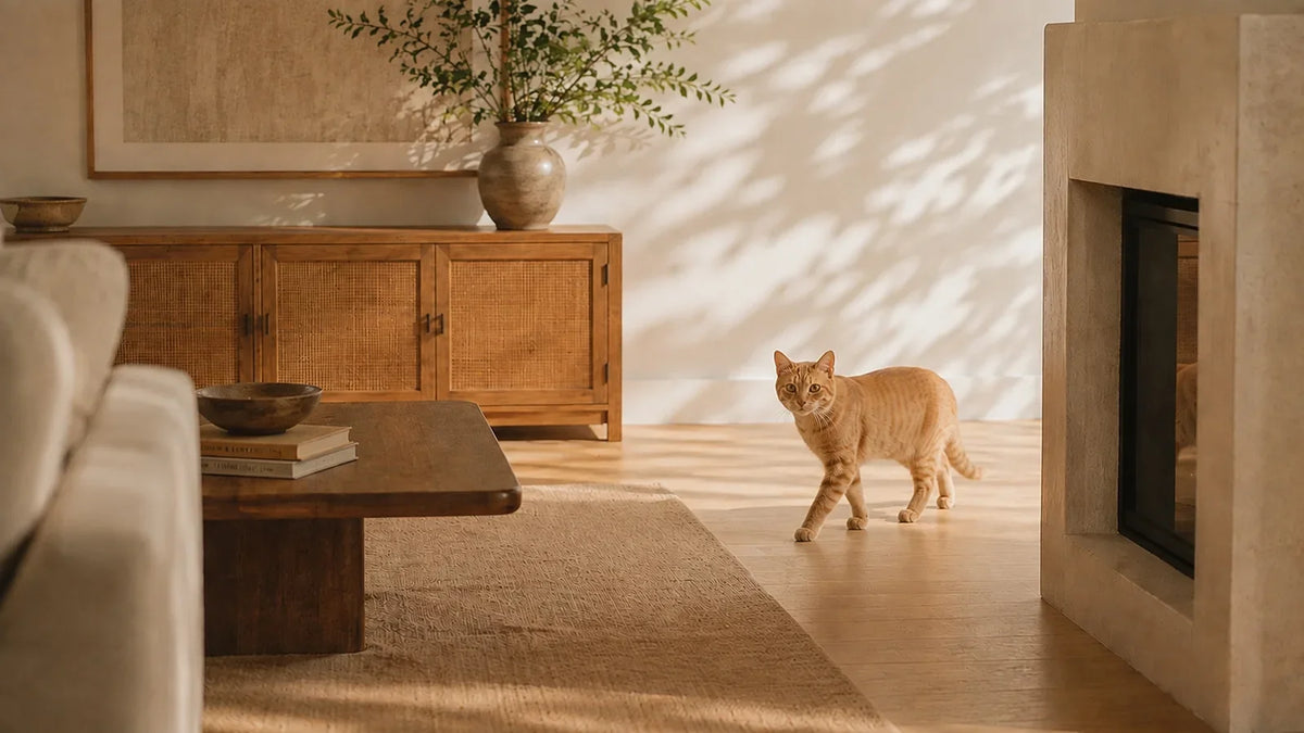 orange cat coming around the corner in a bright, warm home