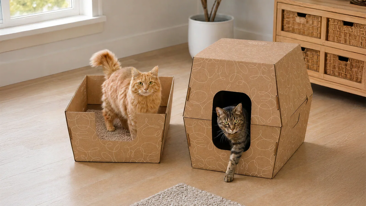 two cats displaying the cats desire covered disposable cat litter boxes with one cat in an open tray and the other in an enclosed cardboard litter box