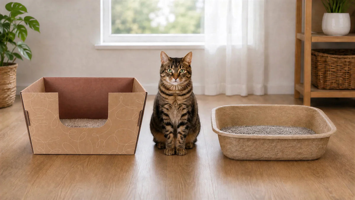 cat sitting in front of a window in between two disposable litter boxes made of completely different materials, the one on the left is high sided leak proof cardboard and the one on the right is cheap pulp