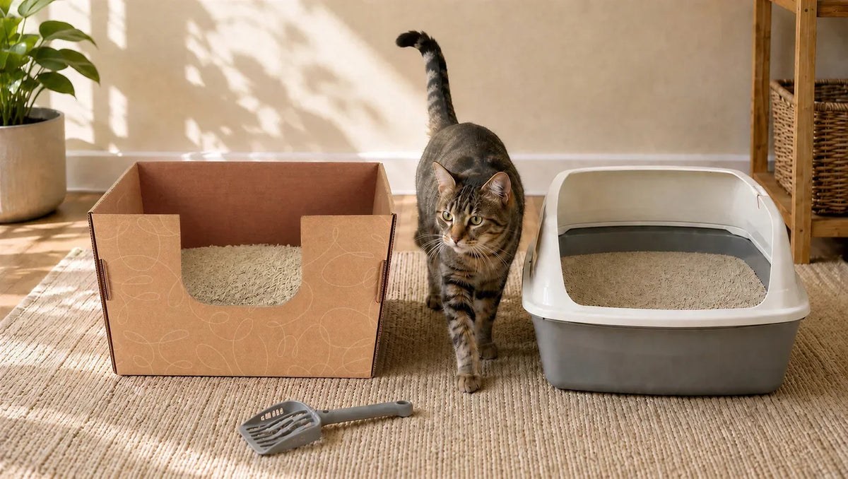 a cat walking in between a high sided leakproof disposable litter box and a plastic litter box deciding when she likes more