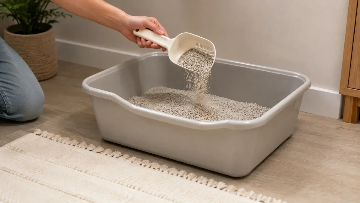 person bending down and scooping cat litter in a cat litter box, displaying the correct amount of litter to have