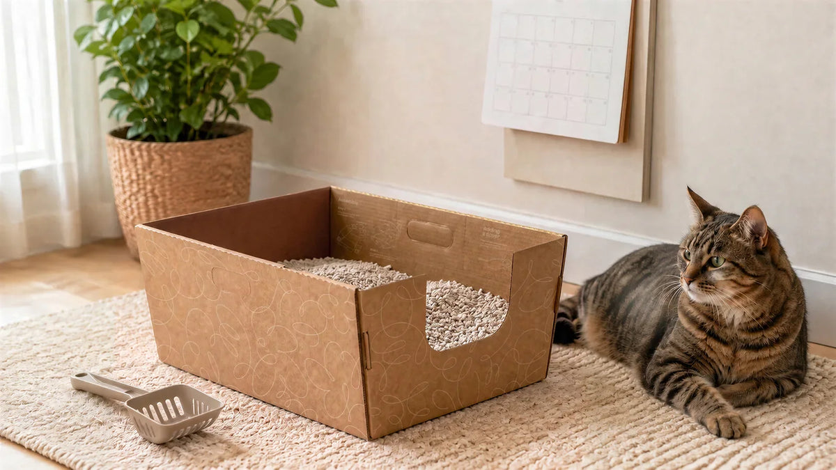 a friendly cat laying next to a leak-proof high sided cardboard litter box in a warm, modern home 