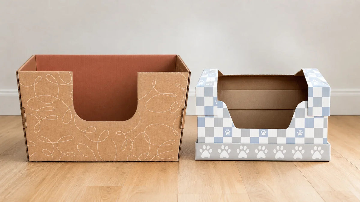 kitty poo club vs better alternative cats desire cardboard cat litter boxes showing the larger size and better quality