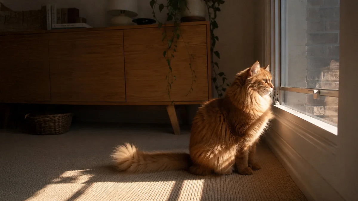 natural orange hair cat looking outside a window into nature
