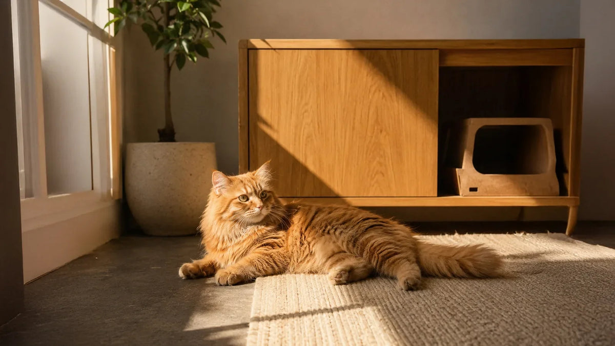 a natural orange hair cat laying down in a contemporary home filled with sunlight next to a green plant 