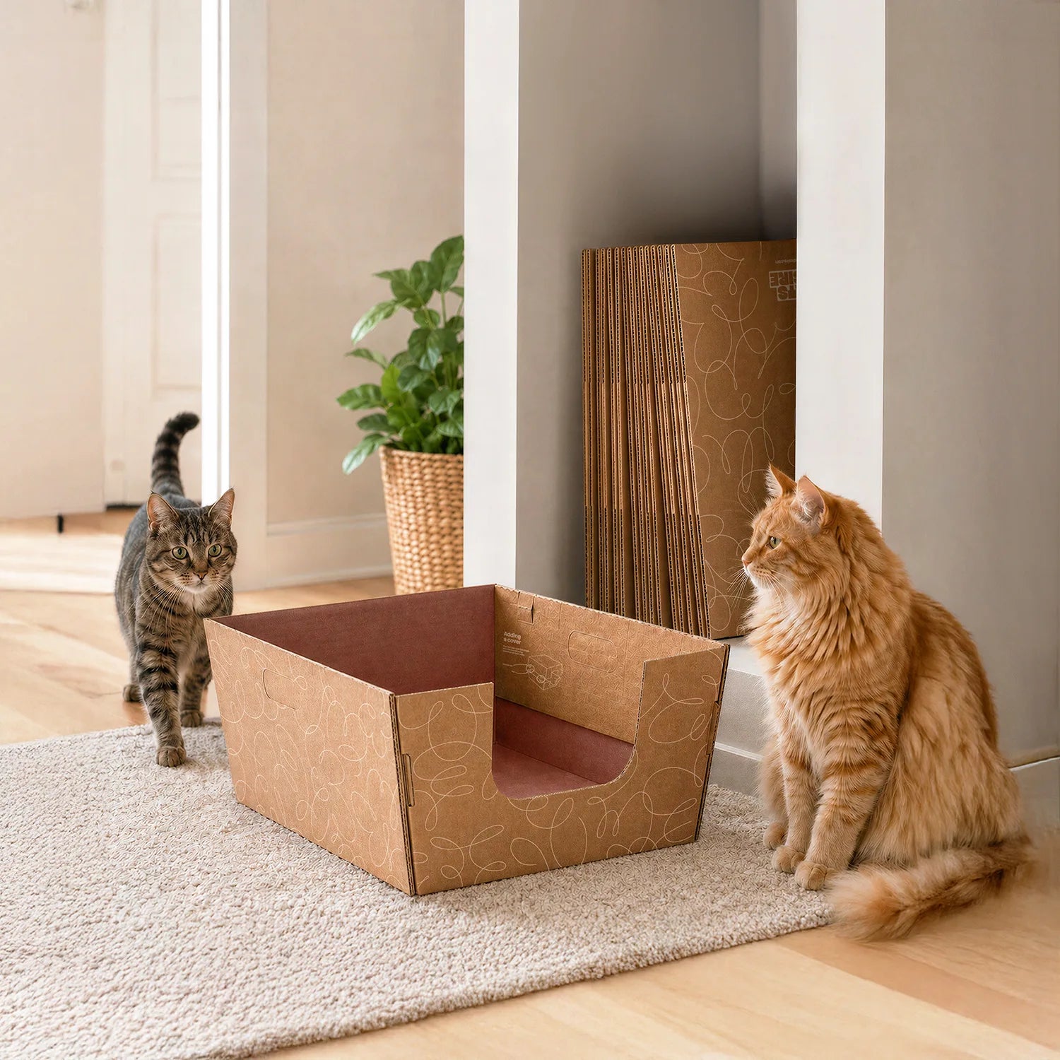 Two cats beside an open high-sided cardboard cat litter box with flat-packed boxes stored neatly in a modern home.
