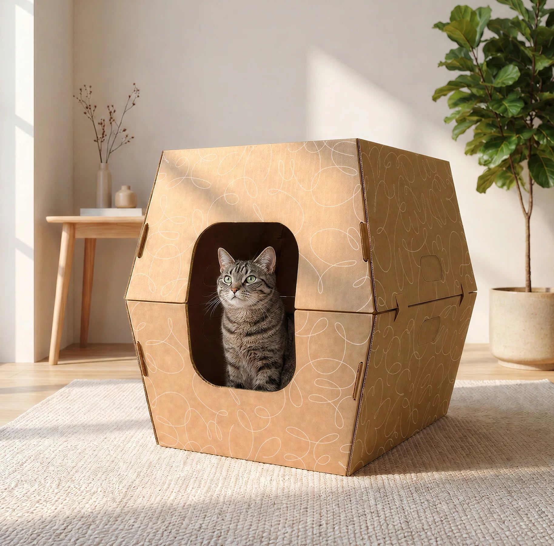 Large cat inside a covered disposable cat litter box made from heavy-duty leak-proof cardboard in a bright modern home.