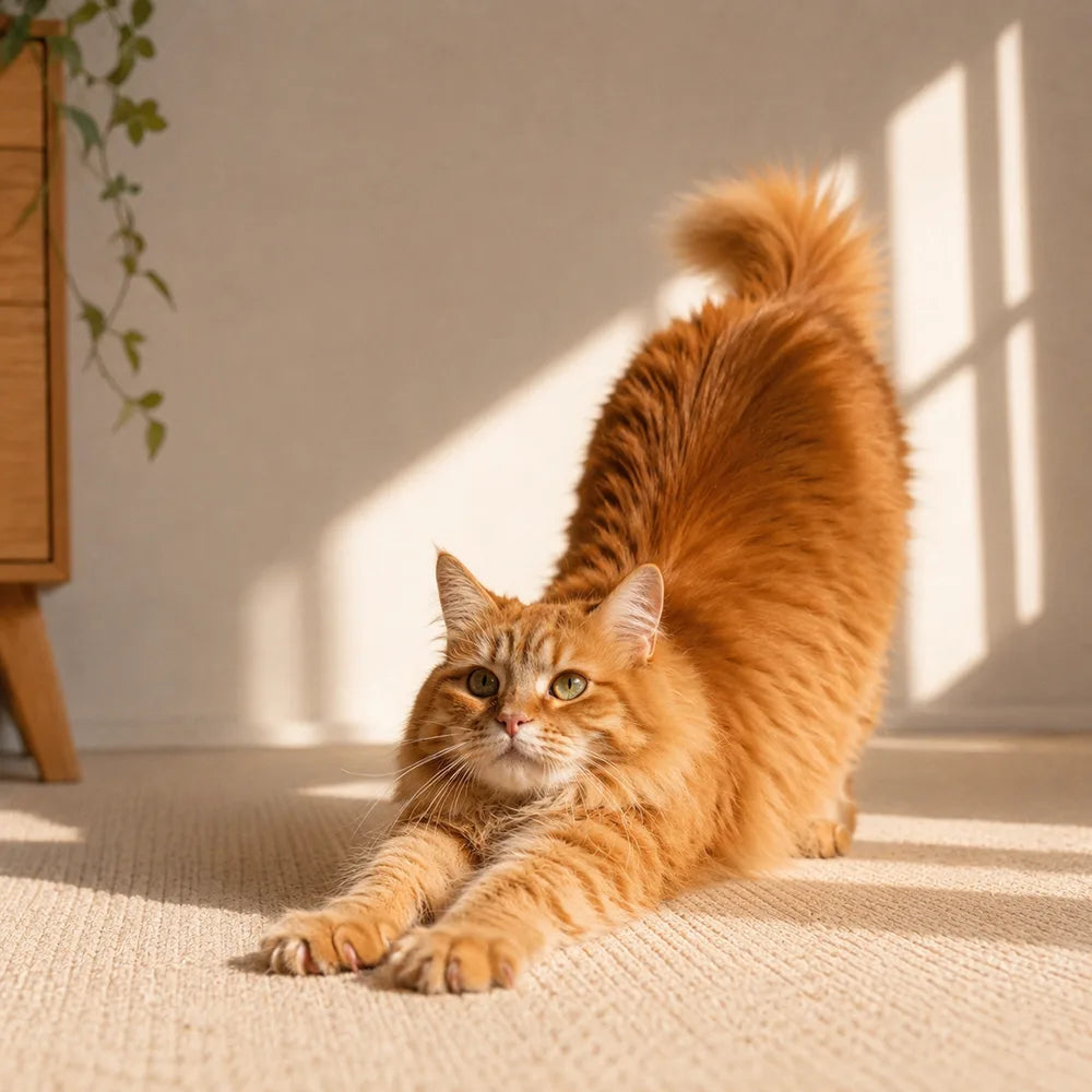 A fluffy orange tabby cat stretching on a beige carpet in a sunlit room with warm shadows and a wooden cabinet in the background.