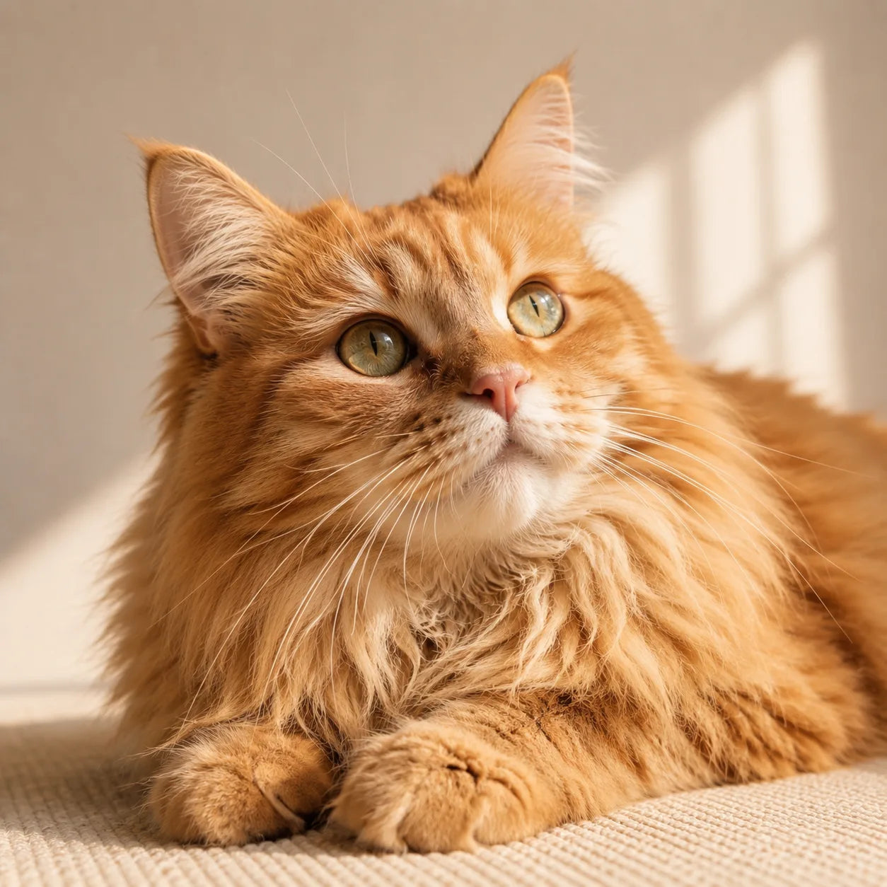 Close-up portrait of a fluffy orange cat resting in warm natural sunlight with soft indoor lighting.