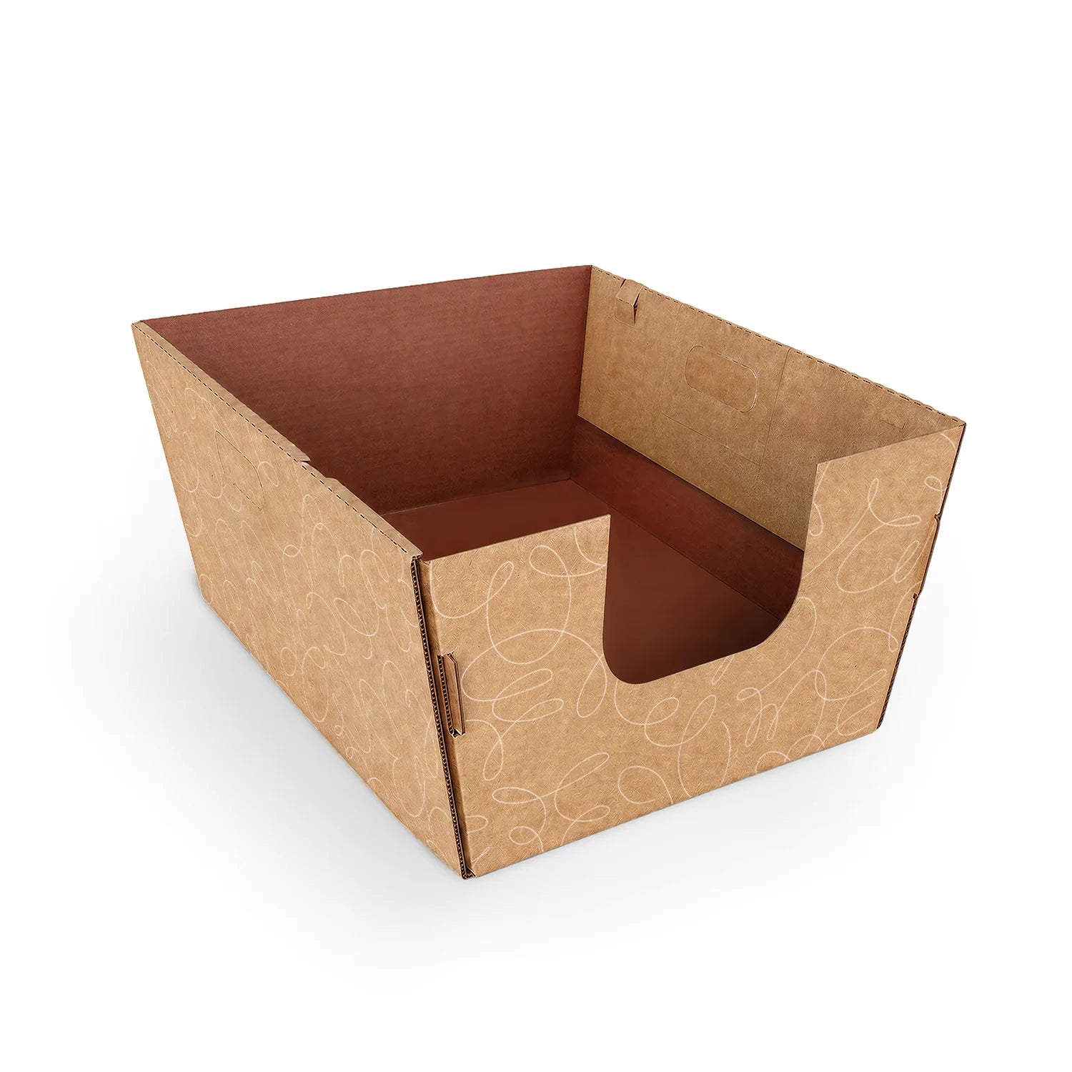 Open high-sided cardboard cat litter box with low front entry and leak-resistant interior for easy access and cleanup.