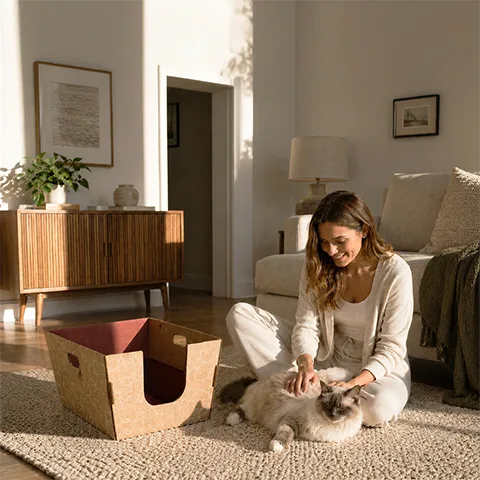 Woman relaxing with her cat beside an open cardboard cat litter box in a comfortable, clean home.