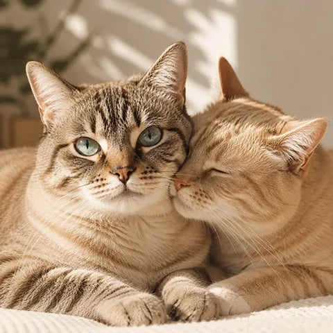 Two cats cuddling together in warm natural sunlight, highlighting the comfort and companionship of indoor cats.