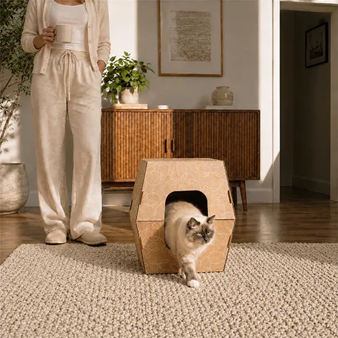 Cat stepping out of a covered disposable cat litter box while its happy owner stands nearby in a bright mid-century modern home.