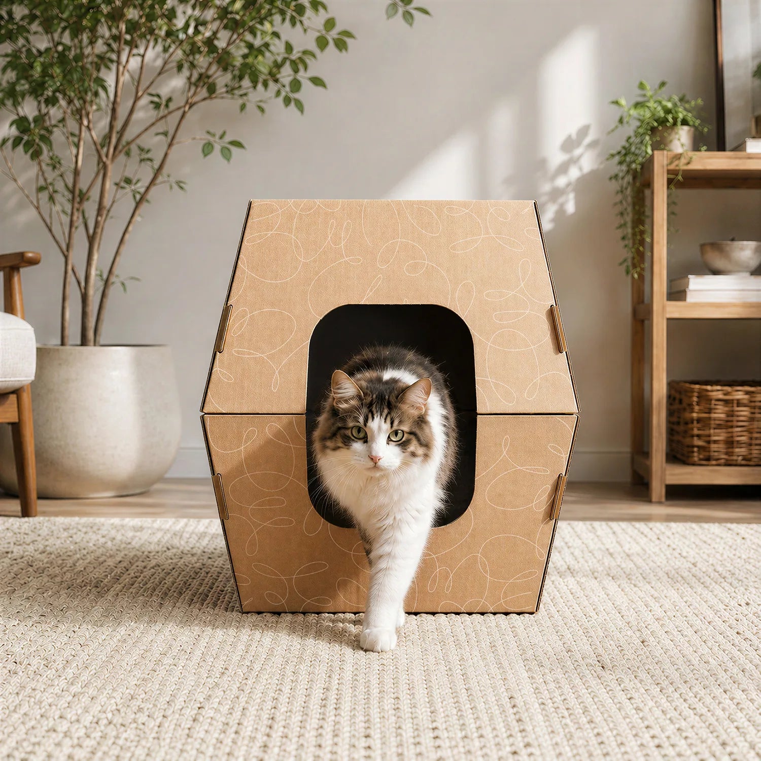 Large cat walking out of a covered cardboard cat litter box in a bright modern home with a woven rug and houseplants. 