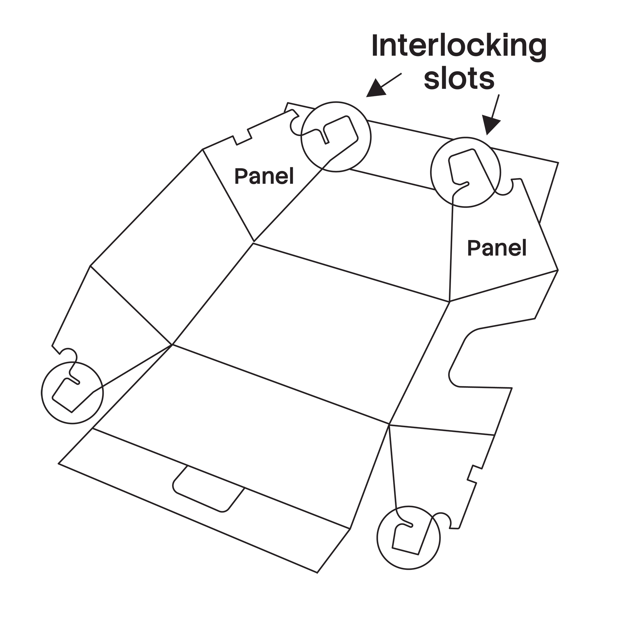 Black and white line drawing showing flat cardboard cat litter box assembly instructions with arrows pointing to interlocking slots and labels reading 'Panel'.
