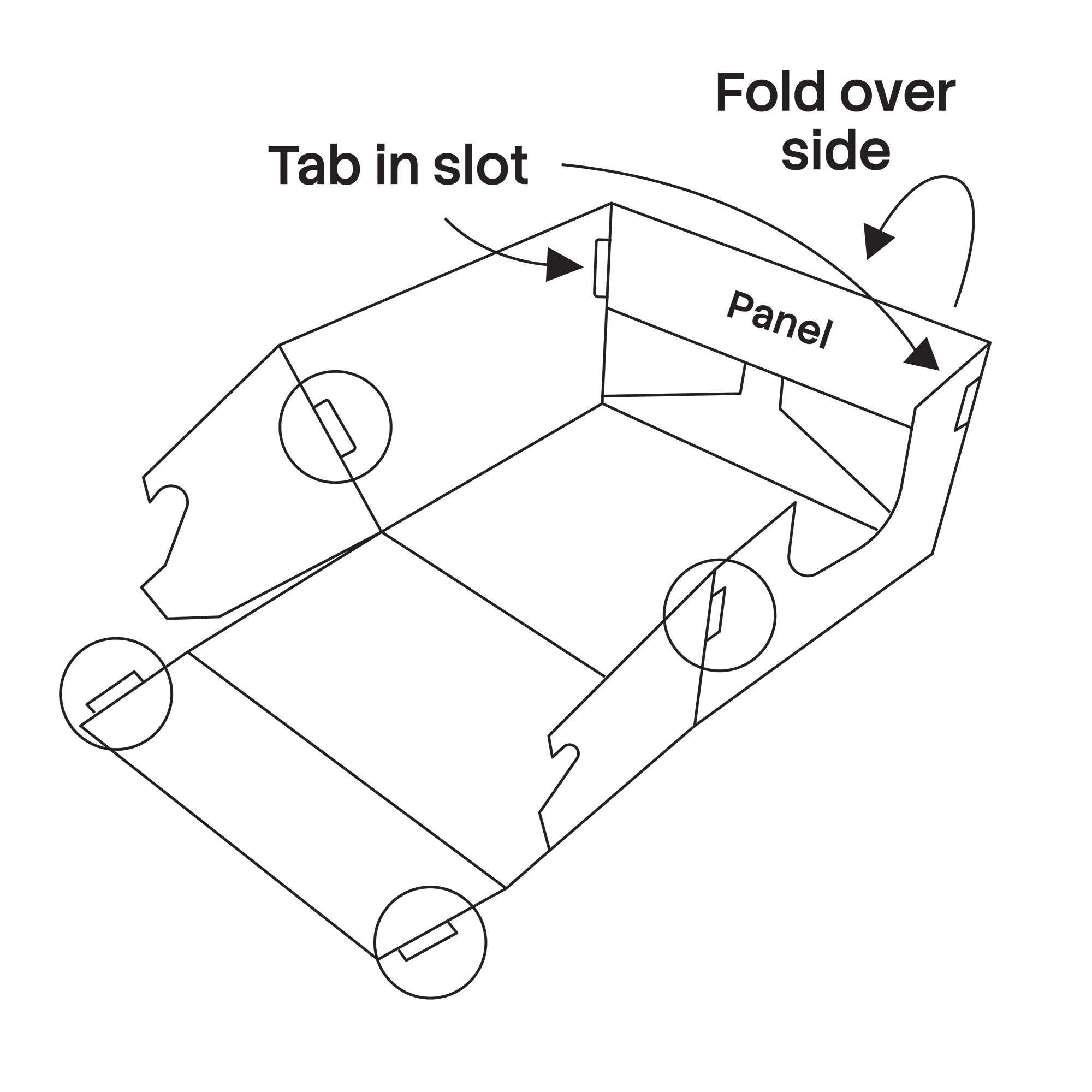 Black and white line drawing showing how to fold a cardboard litter box, with arrows and text labels 'Tab in slot', 'Fold over side', and 'Panel'.