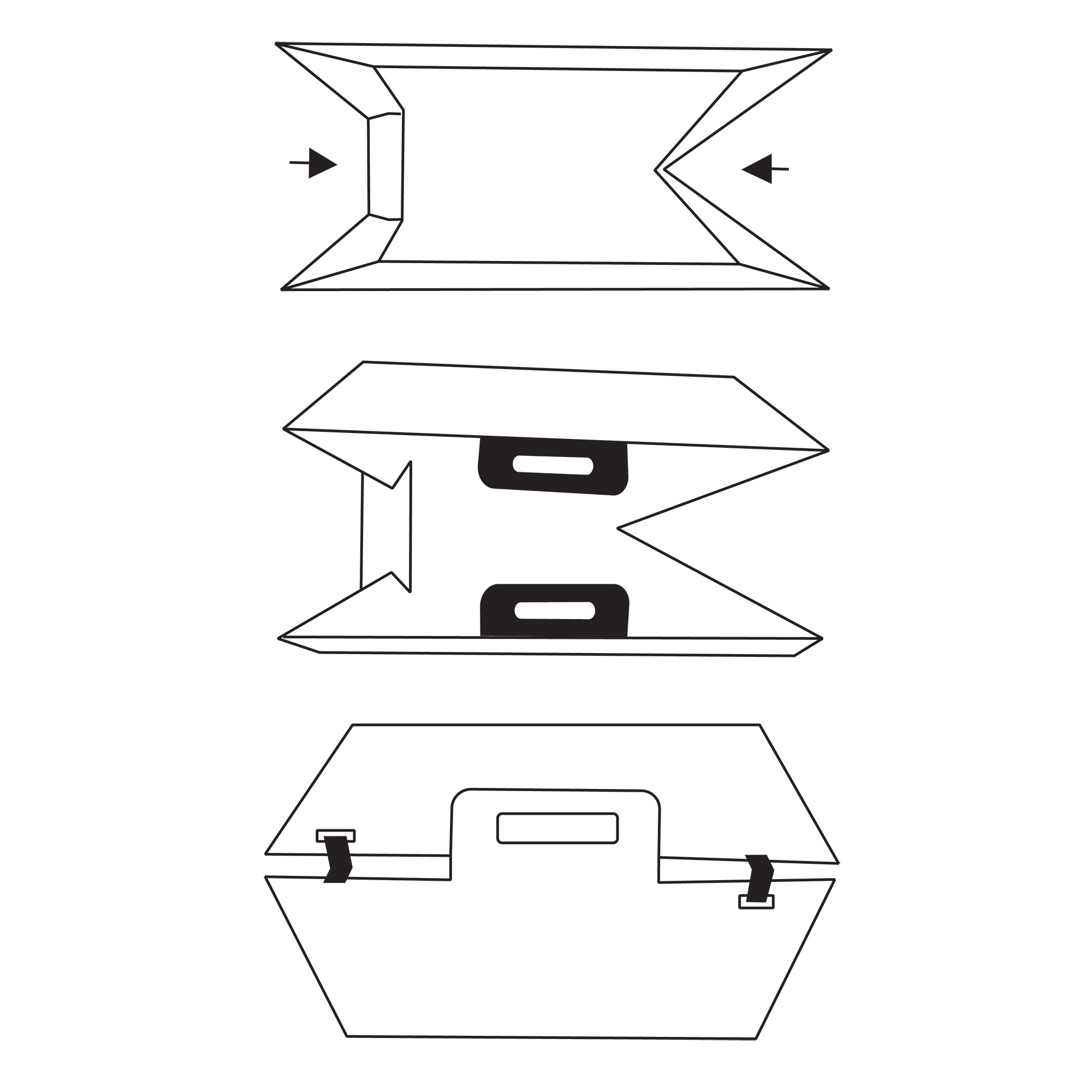Black and white line drawing showing three steps on how to properly discard a disposable cardboard litter box.