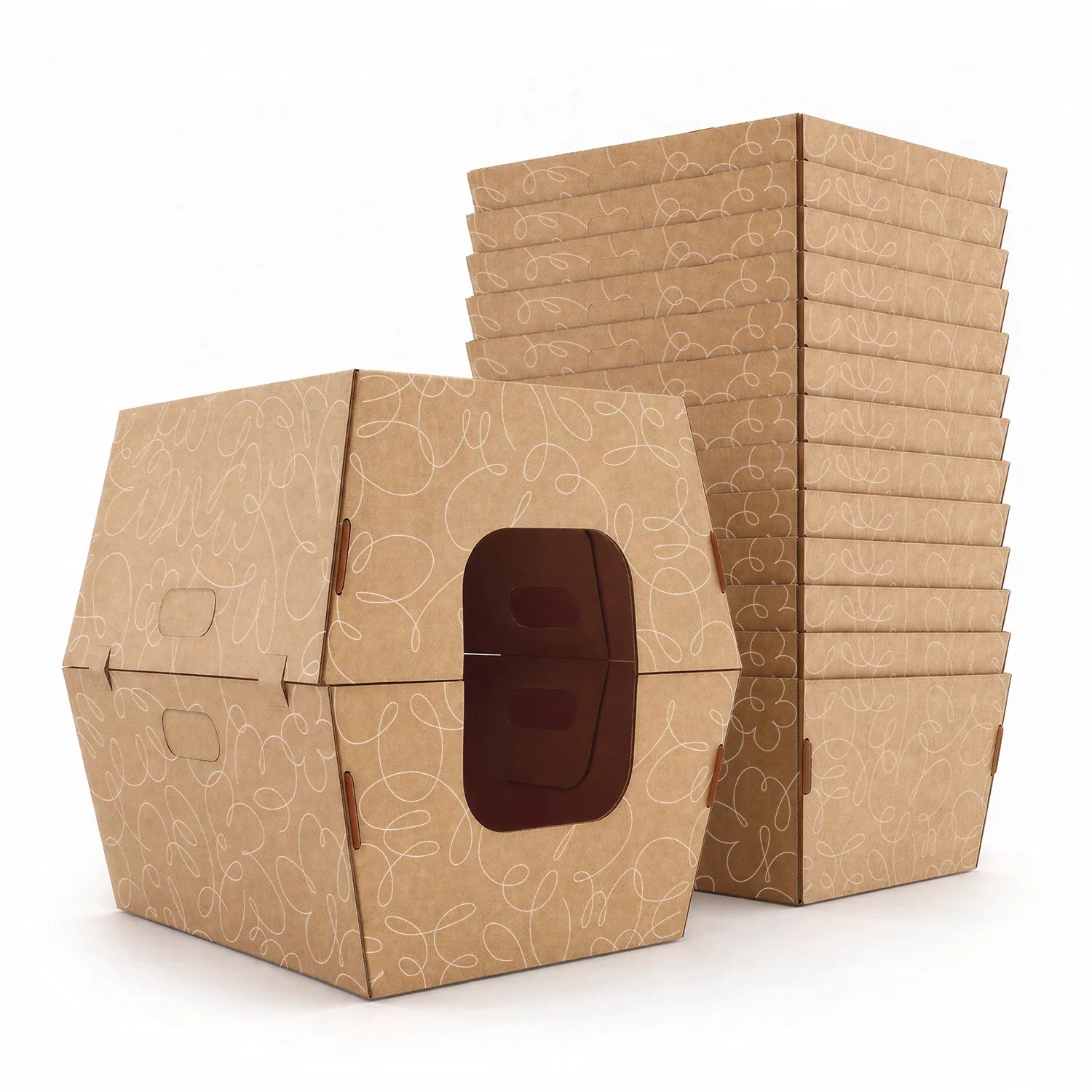 Stack of disposable cardboard cat litter boxes with one fully assembled covered litter box shown in front.