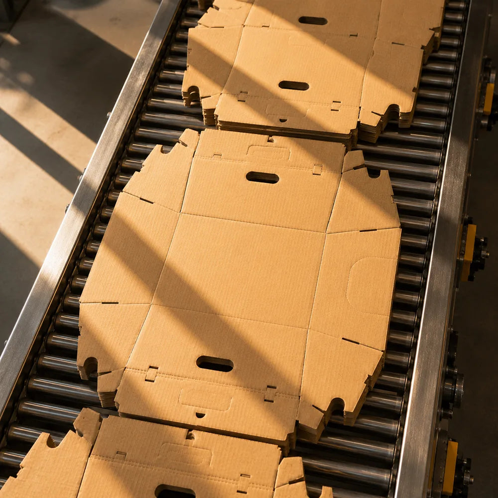 Flat-packed Cats Desire cardboard cat litter boxes moving through the manufacturing process at a USA production facility.