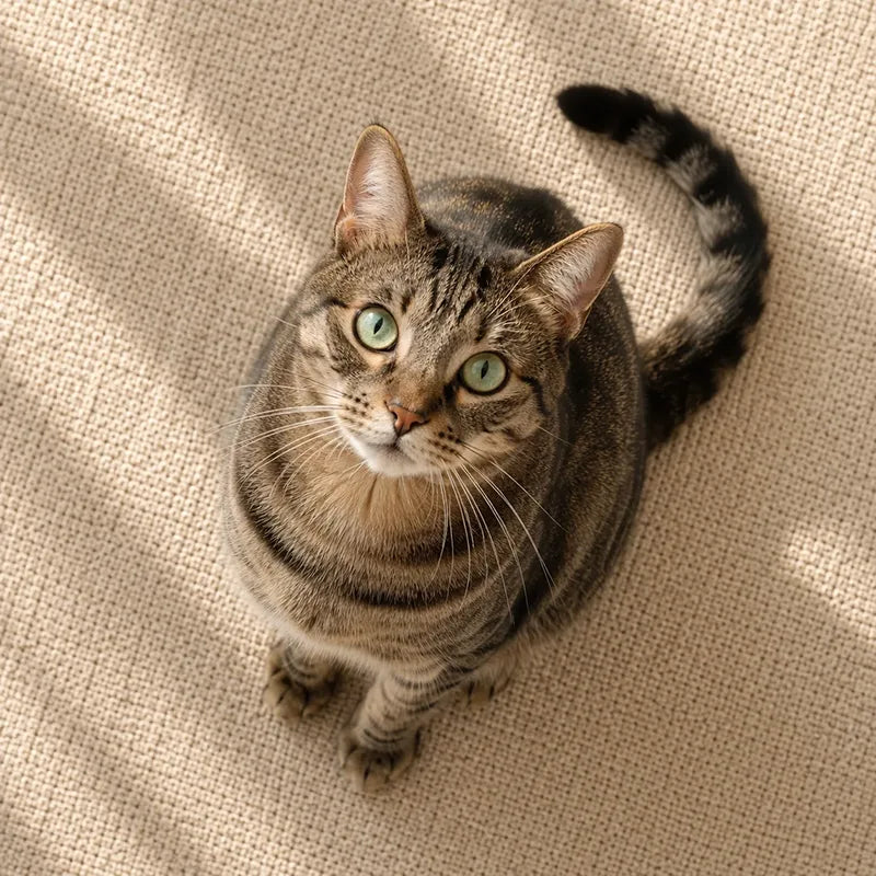 Portrait of a black, brown and white domestic shorthair cat with teal eyes sitting on a beige rug with sunlight spilling into the room. 